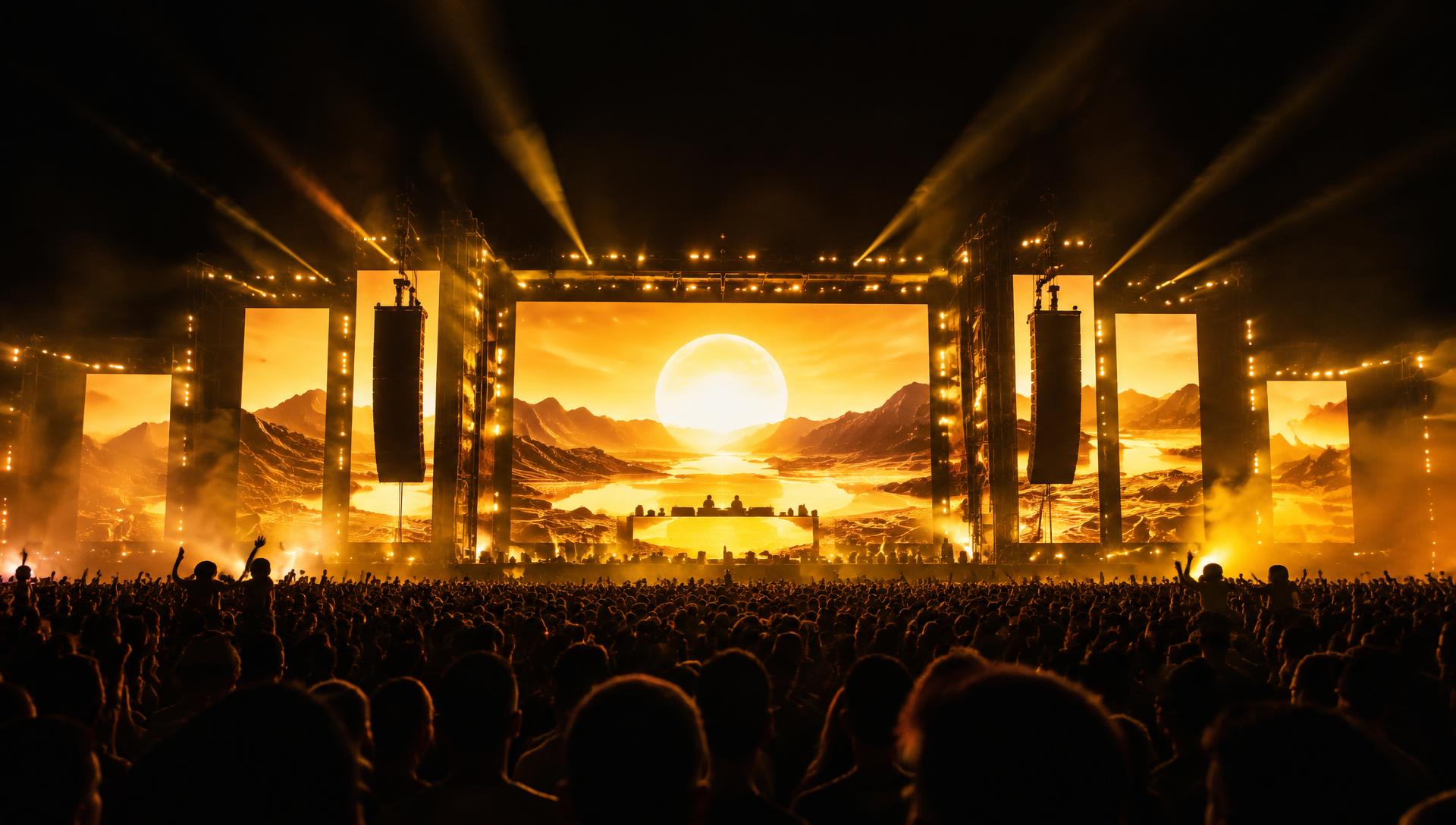Palco de evento noturno com grandes telões de LED iluminando o público