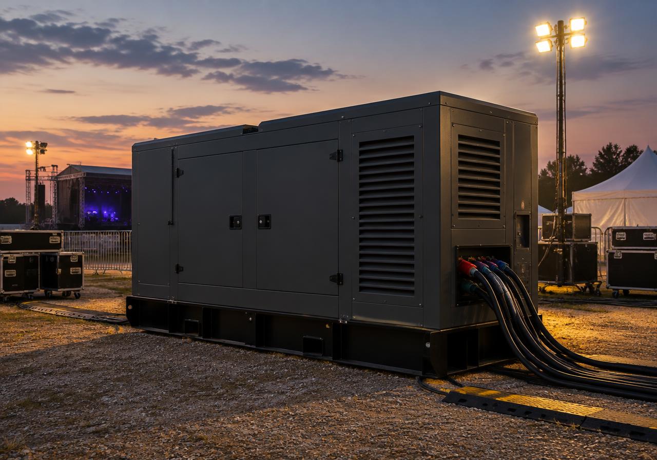Gerador de energia silenciado instalado em área de evento ao entardecer