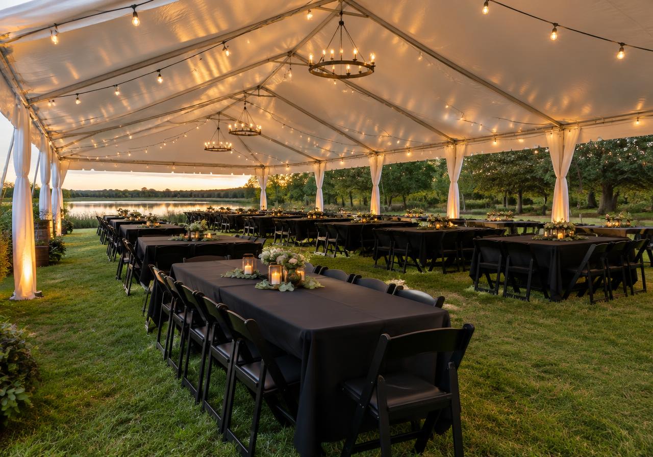 Mesas e cadeiras pretas organizadas sob tenda para evento